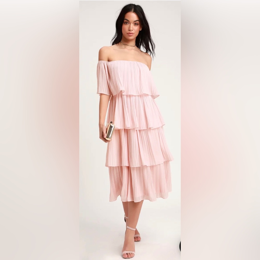 Lulus Gala Ready Blush Pink Off-the-Shoulder Ruffle MIDI Dress